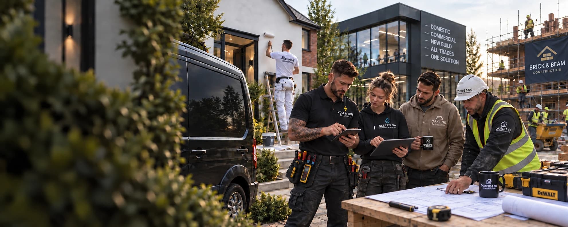Tradespeople working together beside a plain van, with domestic, commercial, new-build and all-trades categories on the building sign