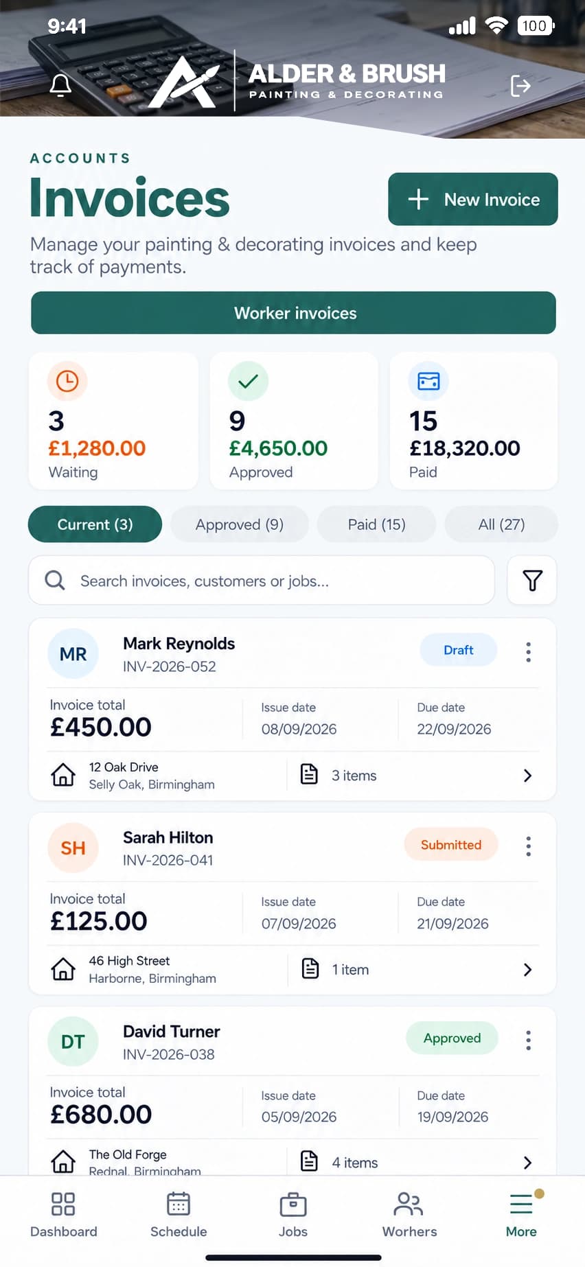 Alder & Brush Decorating worker invoices screen