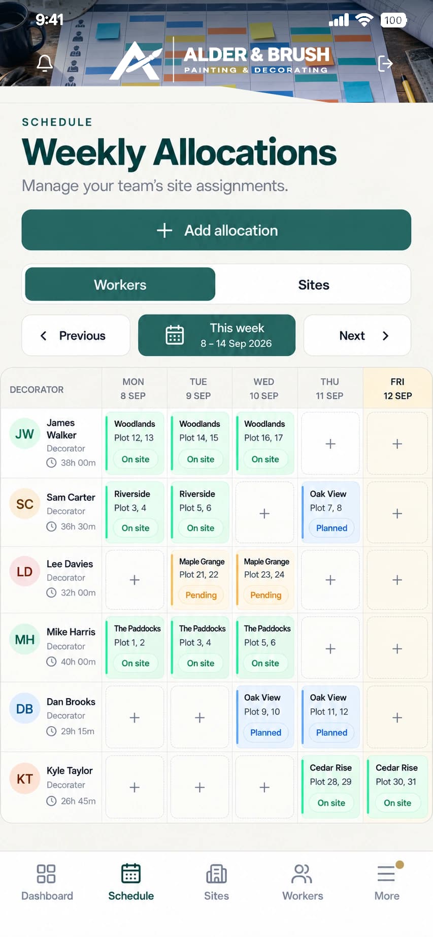 Alder & Brush Decorating weekly allocations screen